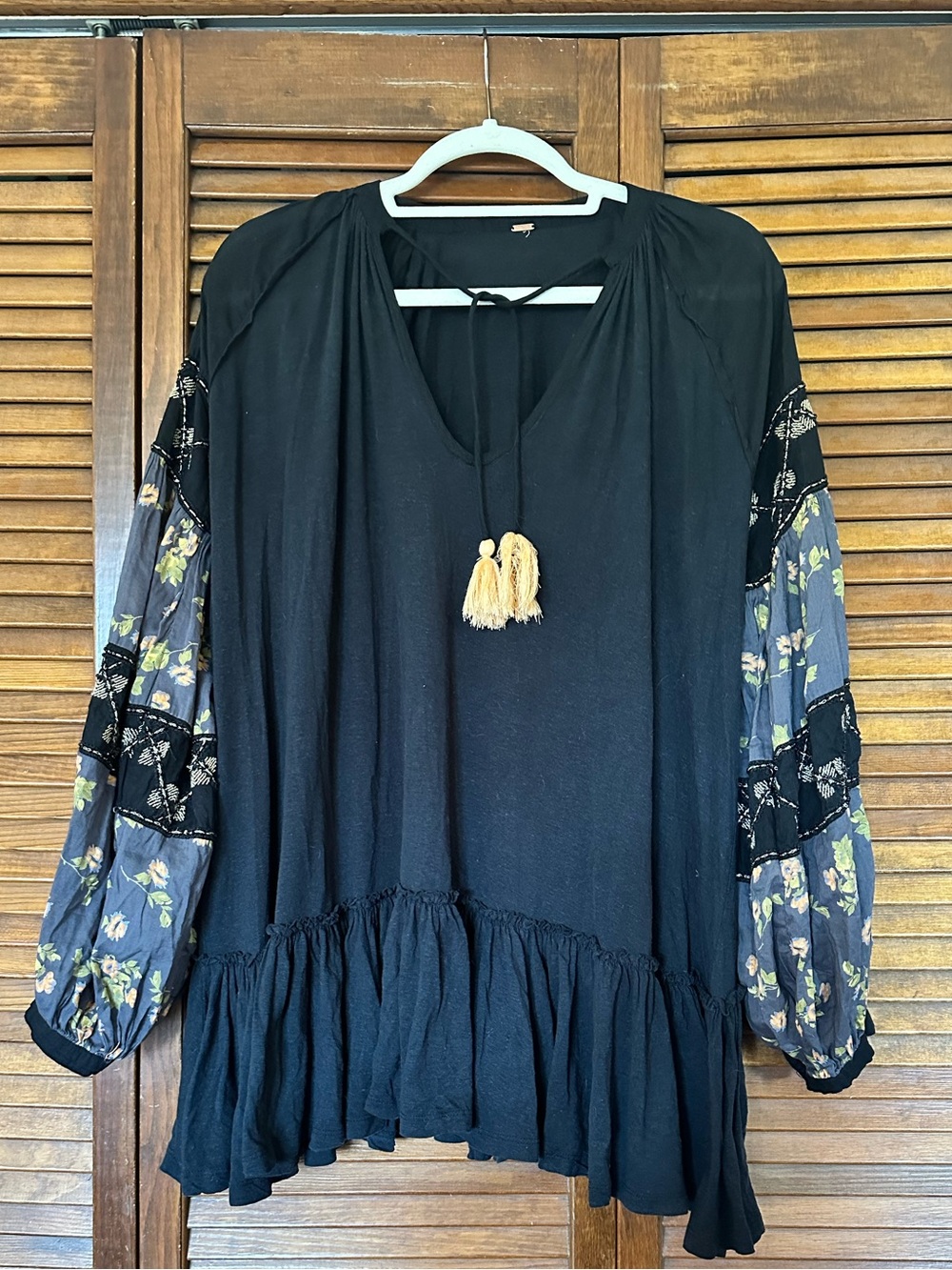 Free People Mix it Up Black Mini Tunic Dress with Floral Balloon Sleeves - Picture 6 of 14